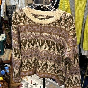 Anthropologie Cream and Brown Mohair Patterned Sweater